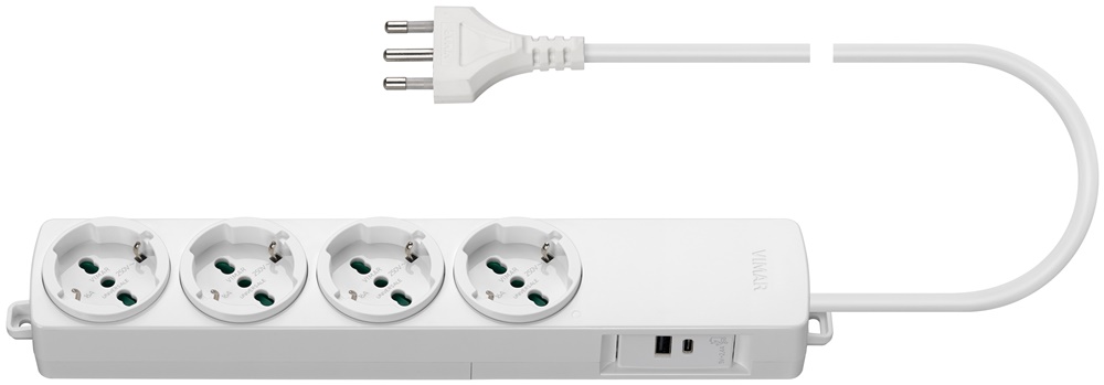 Presa multipla 4 uscite universali 16A 250V con USB A+C 12W ricarica doppia dispositivi cavo 2m bianco