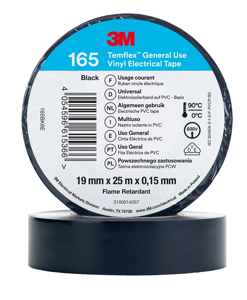 Nastro isolante vinile Temflex 165 nero 19mmx25m, spessore 0,15mm, ignifugo, isolamento elettrico basso voltaggio, uso interno ed esterno, resistente umidità e temperature 0-90°C, tensione fino 600V, alta sicurezza e durata