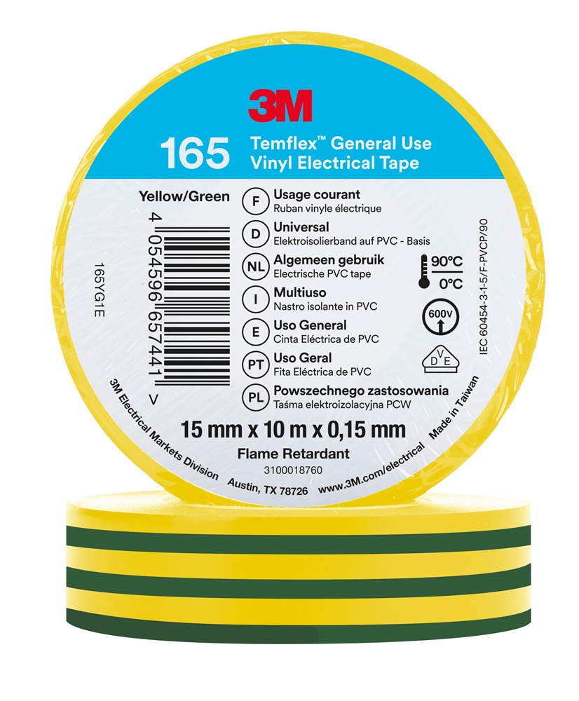 Nastro isolante vinile Temflex 165 15mmx10m giallo/verde PVC ignifugo 600V uso elettrico generale