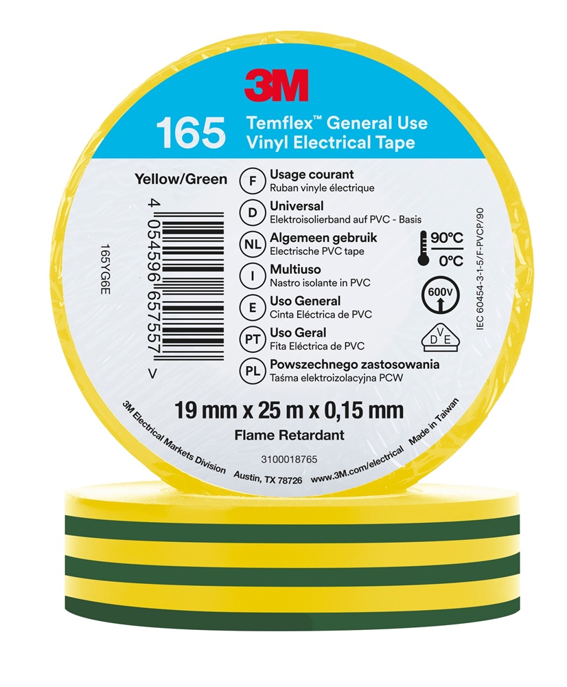 Nastro isolante vinile 3M Temflex 165 19mm x 25m resistente umidità e fiamma uso elettrico interno esterno