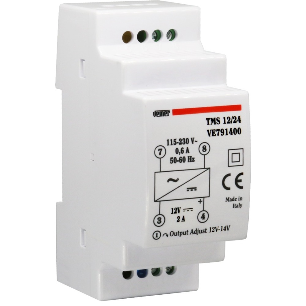 Alimentatore switching stabilizzato 24W 115-230V 12V montaggio DIN compatto protezione termica sovraccarico cortocircuito uso industriale
