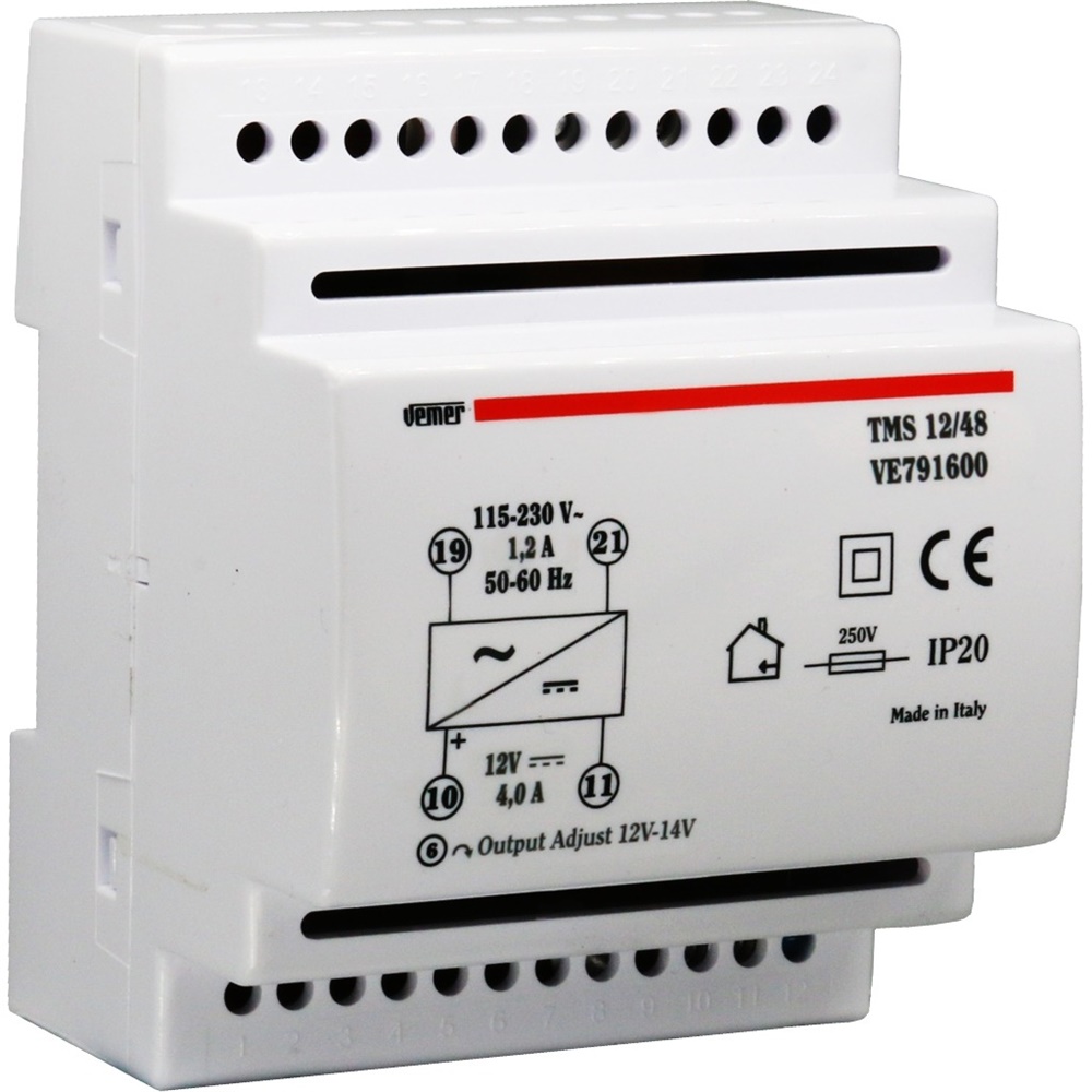 Alimentatore switching stabilizzato 48W 115-230V 12V montaggio DIN compatto protezione termica sovraccarico cortocircuito LED stato funzionamento