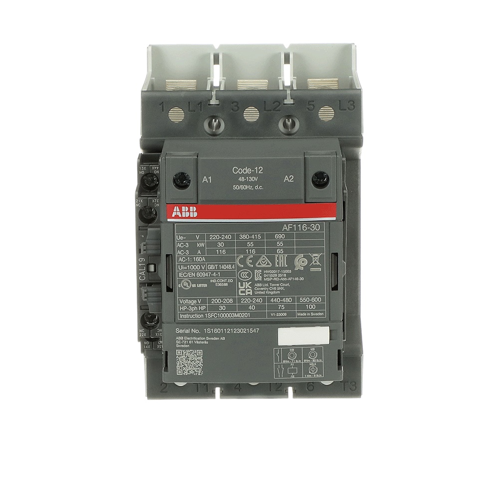 Contattore AF116-30-11B-12 3 poli 116A 690V con contatti ausiliari e protezione sovratensioni per controllo motori fino 55 kW uso industriale e civile