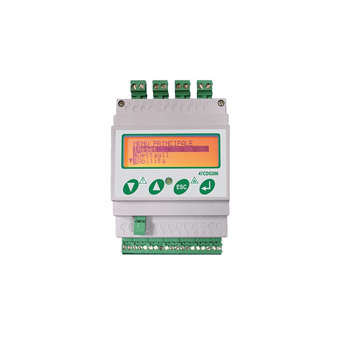 Centrale gas DIN 4 moduli, 2 sensori 4-20mA + max 4 con 2x47EDG020, 12-24VDC, parcheggi/industrie, gas infiammabili/tossici/O2