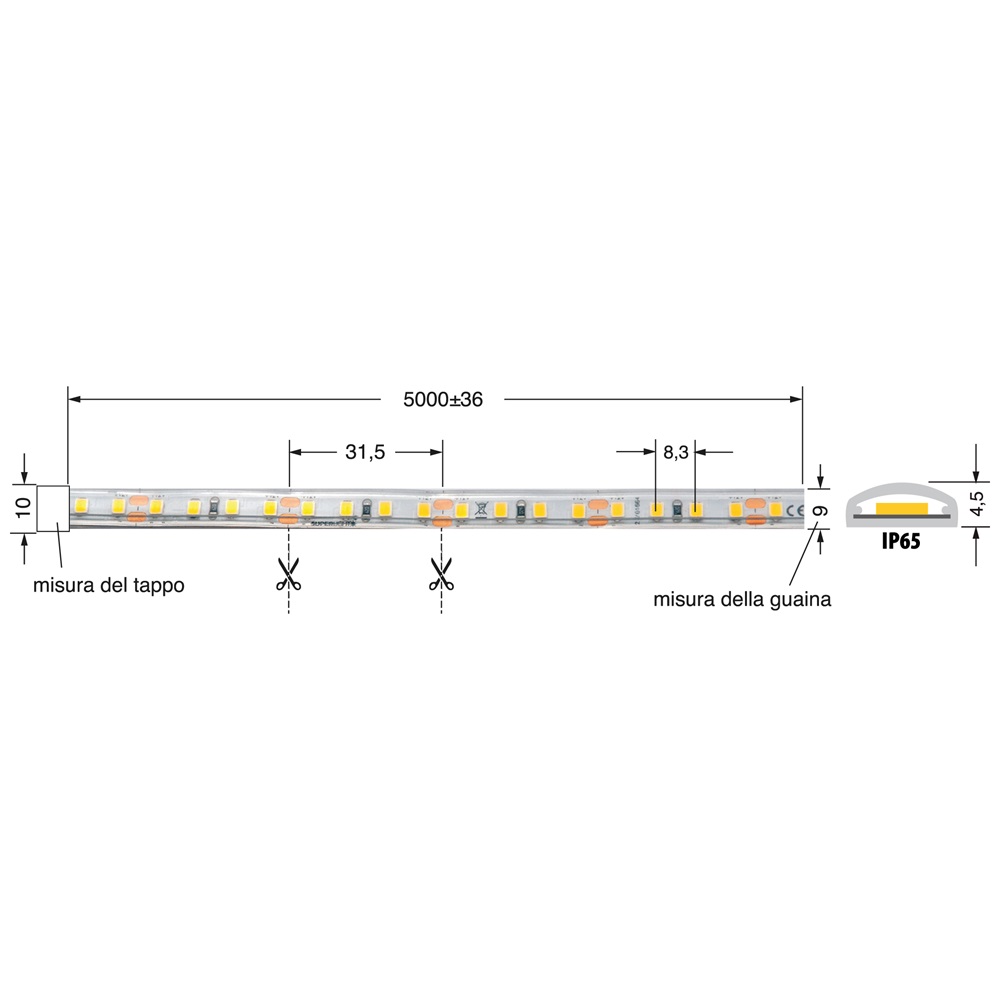 Striscia LED 8W/m 12V IP65 alta efficienza per illuminazione interna ed esterna resistente