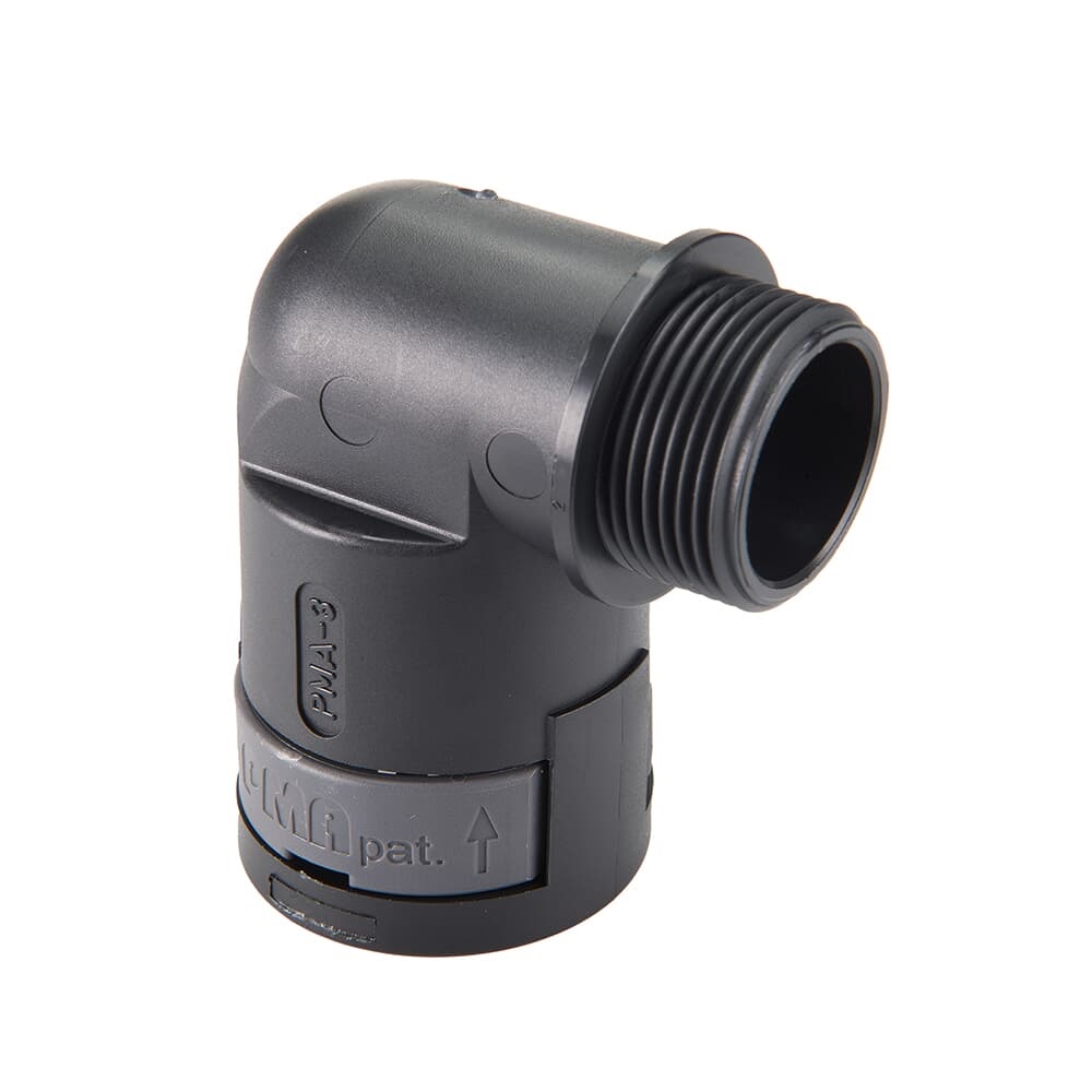 Raccoglitore angolato 90° PA6 nero PG29 DN29 IP66 per impianti elettrici