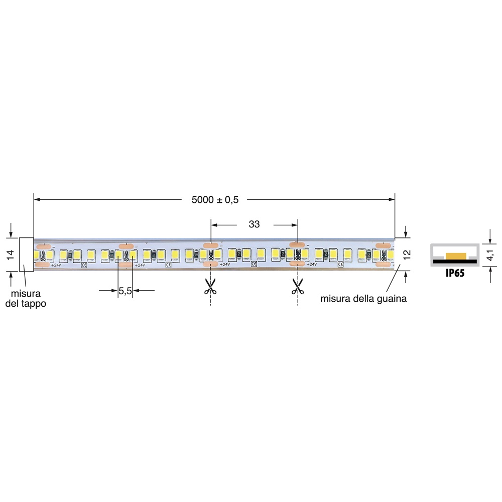 Striscia LED 16W/m 24V luce bianco caldo IP65 flessibile per interni ed esterni
