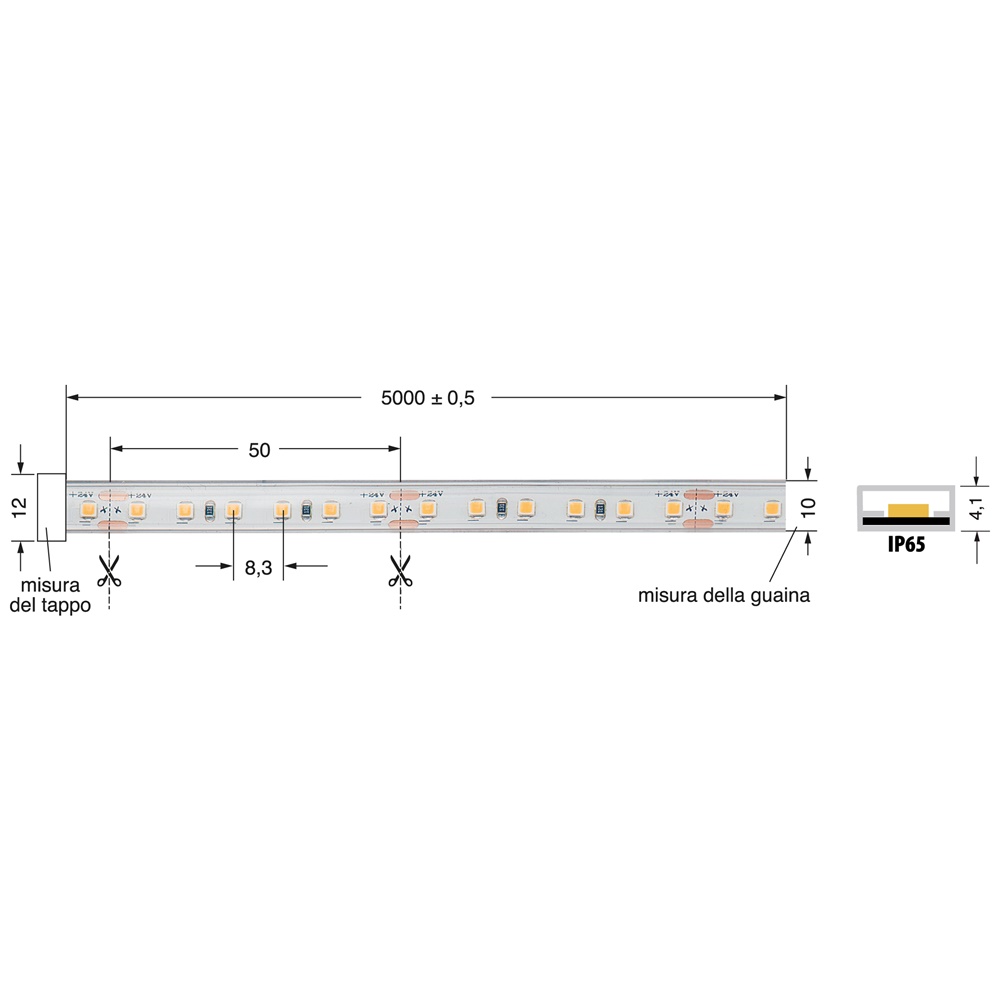Striscia LED 9,6W/m 24V luce calda IP65 flessibile per uso interno ed esterno