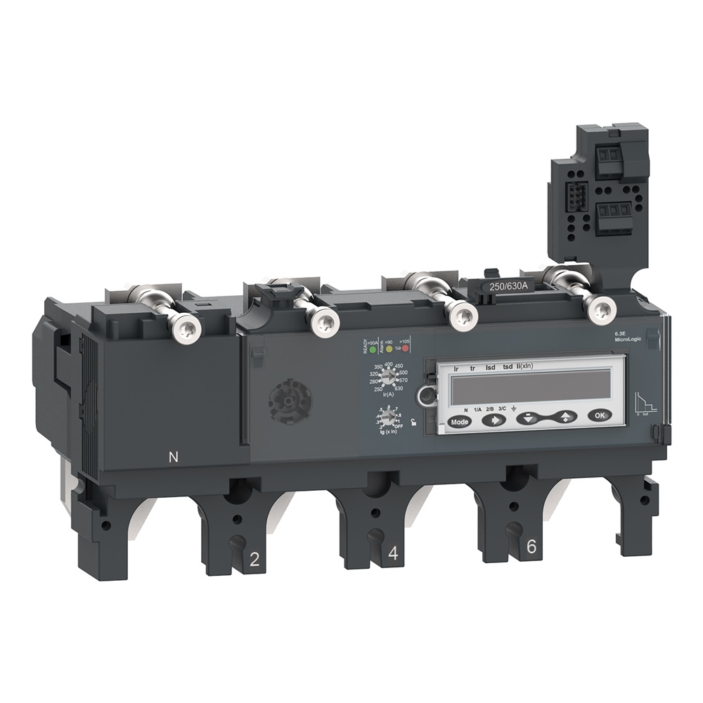 Sganciatore elettronico MicroLogic 6.3E 630A 4 poli con protezioni sovraccarico, cortocircuito e guasti a terra per interruttori ComPacT NSX630, con misuratore energia integrato
