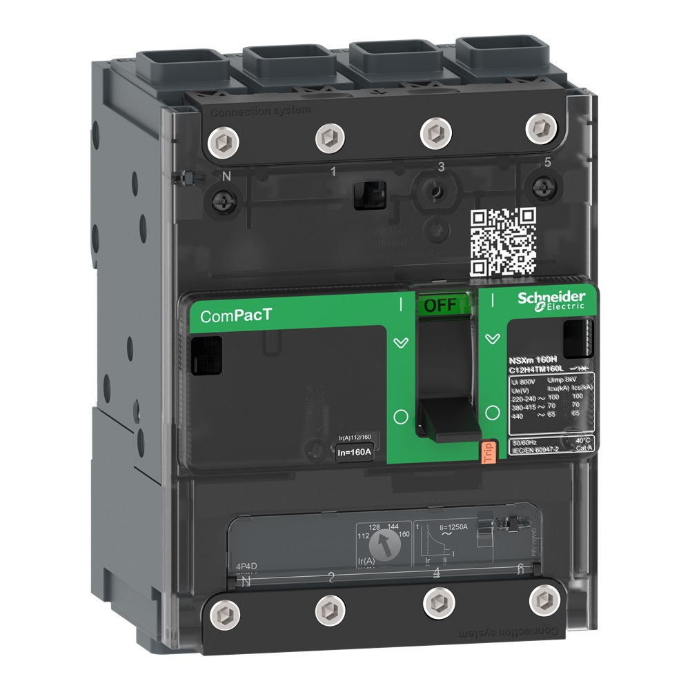 Interruttore, ComPacT NSXm 160E, 16kA/415VAC, 4 poli 4D (neutro totalmente protetto), Sganciatore TMD 160A, connettori EverLink