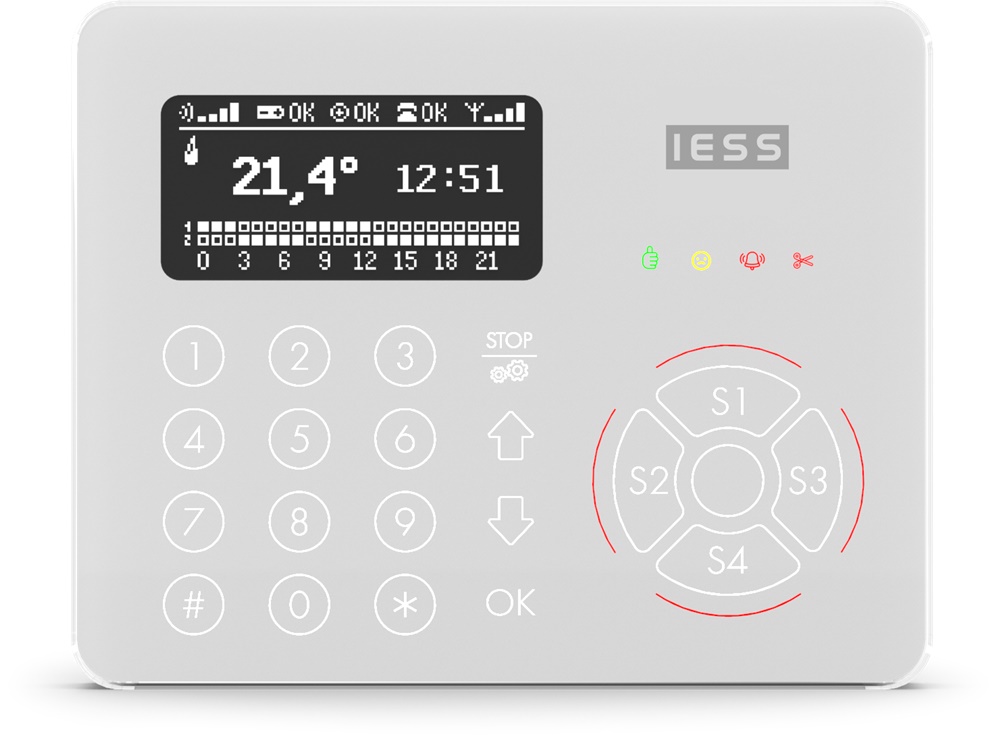 Tastiera touch capacitiva OLED 128x64 pixel con lettore prossimità e cronotermostato per sistemi allarme GENIODOMO e FLEXENERGY