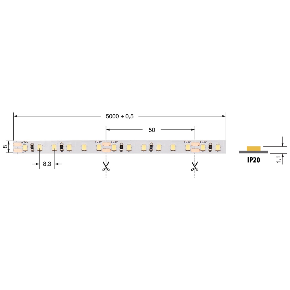 Striscia LED 9,6W/m 24V luce calda IP20 per illuminazione decorativa interna