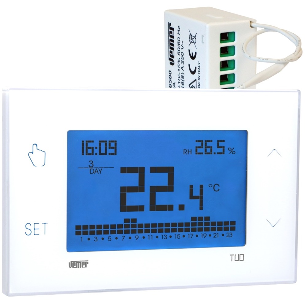 Cronotermostato elettronico touch screen con umidostato Wi-Fi e radiofrequenza per controllo remoto riscaldamento e climatizzazione