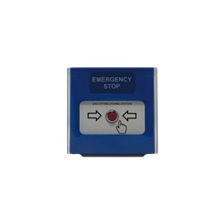 Pulsante blu per arresto estinzione, funzione emergenza stop, segnalazione ottica, installazione parete