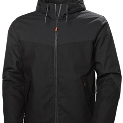 Giacca invernale Oxford nera 100% poliestere con cappuccio removibile e dettagli riflettenti per protezione vento e pioggia ideale per lavoro outdoor e installatori elettrici