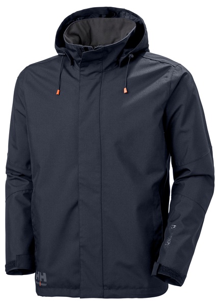 Giacca impermeabile Oxford navy 100% poliestere traspirante con cappuccio removibile, ideale per installatori e uso outdoor