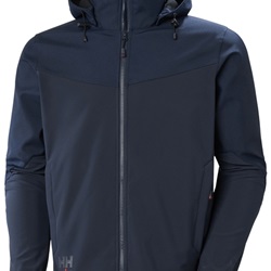 Giacca softshell Oxford blu navy con cappuccio removibile, membrana traspirante, dettagli riflettenti, adatta per installatori elettrici e uso professionale