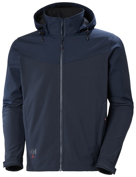 Giacca softshell tecnica Oxford blu navy con cappuccio removibile, traspirante, dettagli riflettenti per installatori elettrici e uso quotidiano