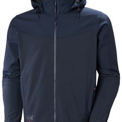 Giacca softshell tecnica Oxford blu navy con cappuccio removibile, traspirante, dettagli riflettenti per installatori elettrici e uso quotidiano