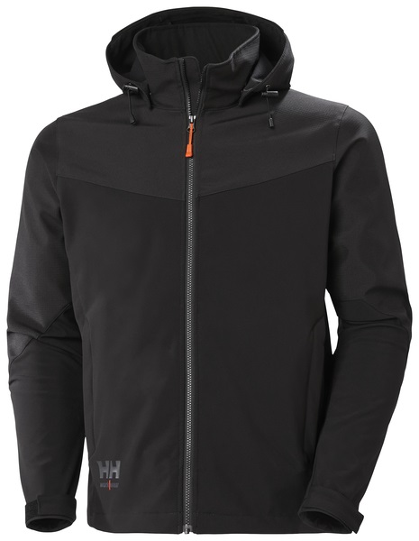 Giacca softshell Oxford nero traspirante con cappuccio removibile e dettagli riflettenti, protezione vento e pioggia, uso multi stagione