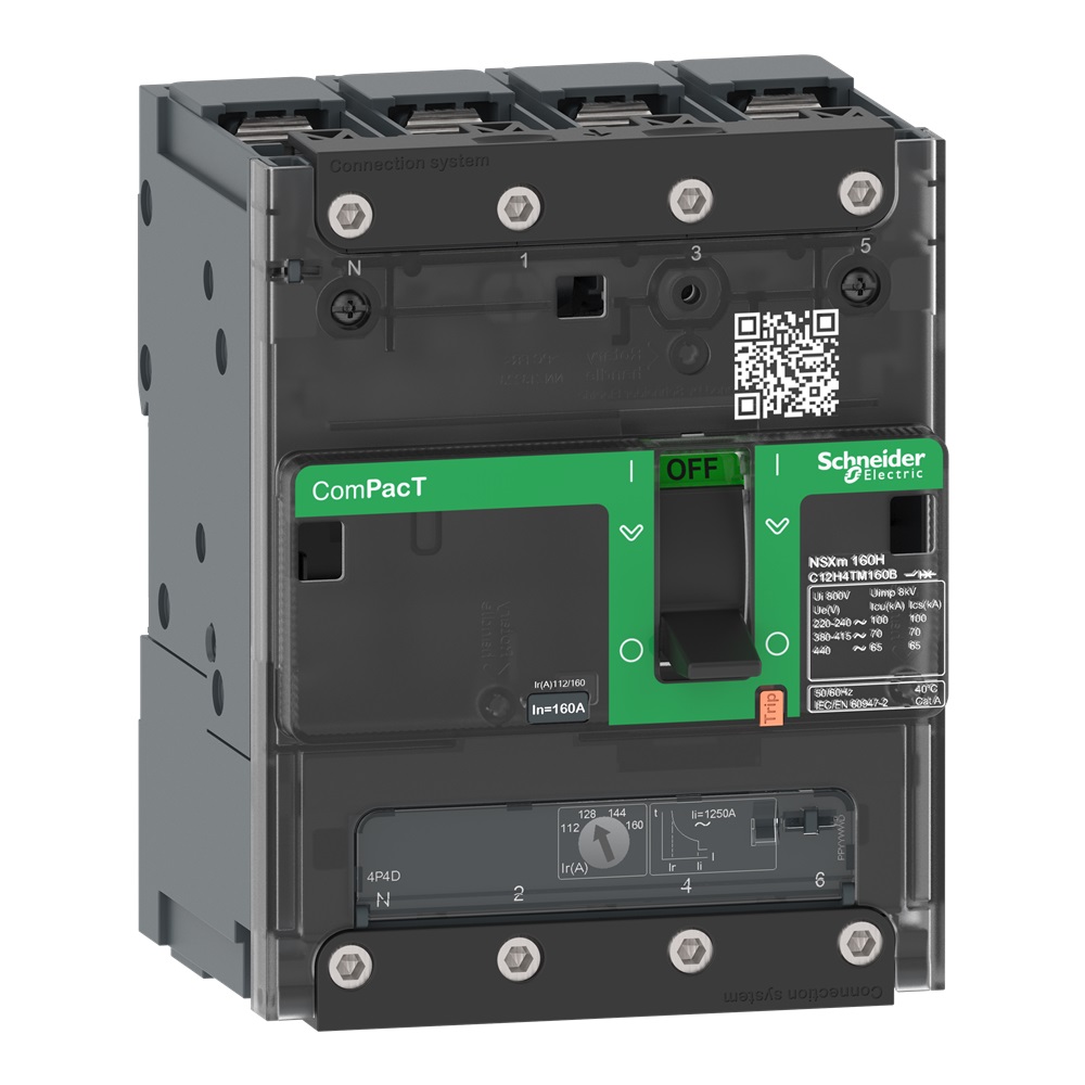 Interruttore, ComPacT NSXm 160N, 50kA/415VAC, 4 poli 4D (neutro totalmente protetto), Sganciatore 160A, busbar/connettori