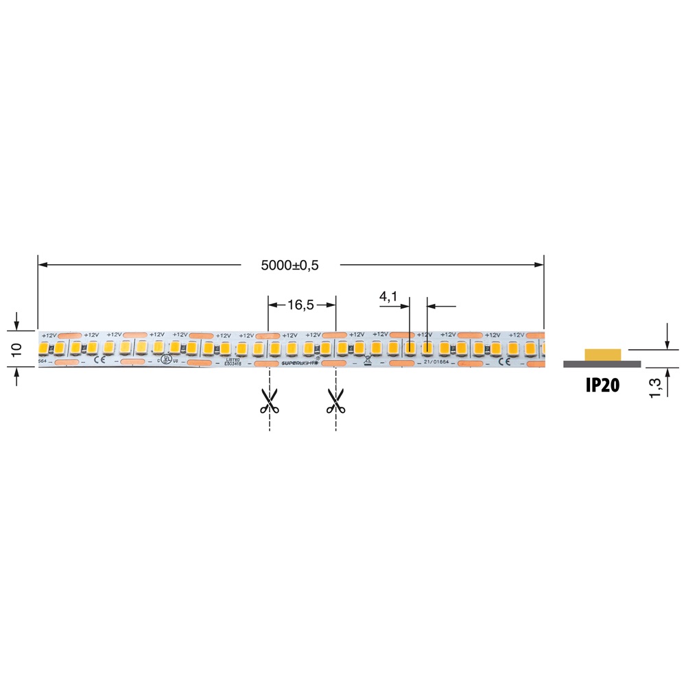 Striscia LED 13W/m 12V IP20 luce uniforme efficiente per ambienti interni