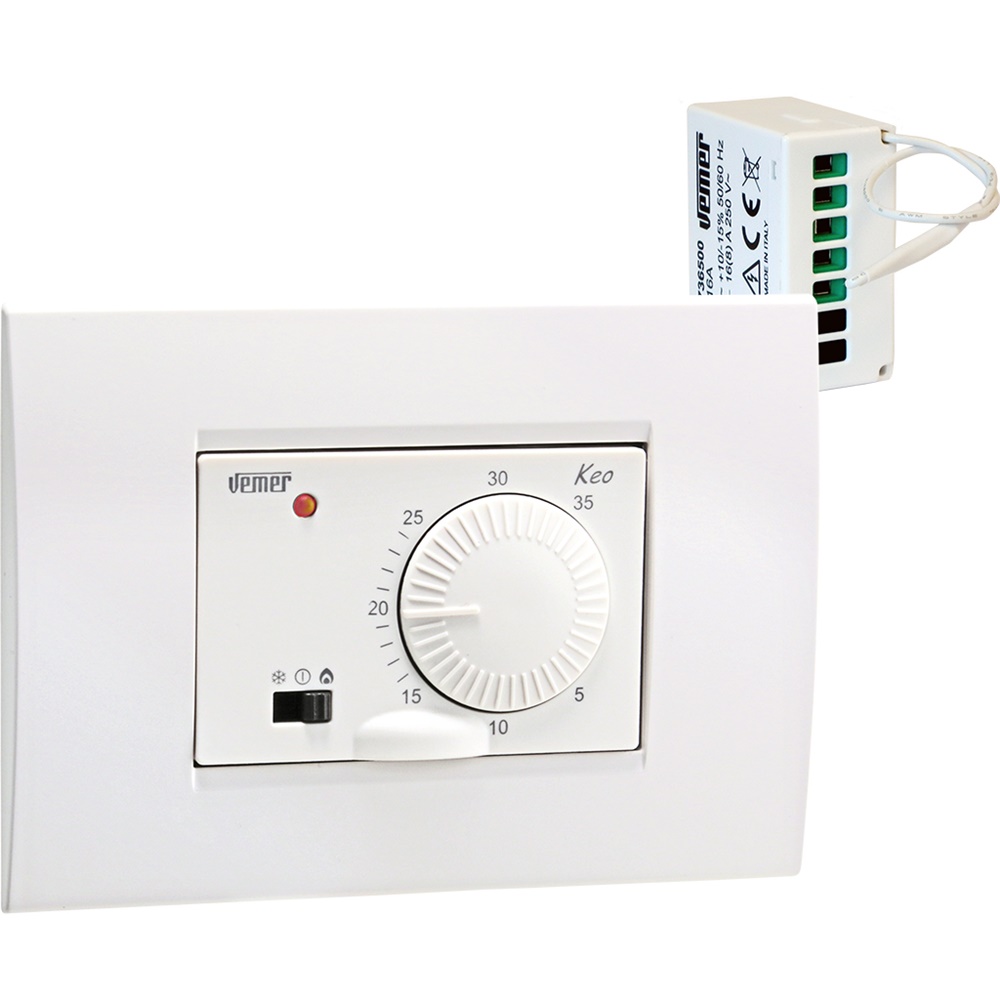 Set termostato Keo-B RF con attuatore remoto RX.16A per controllo riscaldamento e condizionamento senza cablaggio, con limitazione setpoint e adattamento placche serie civili