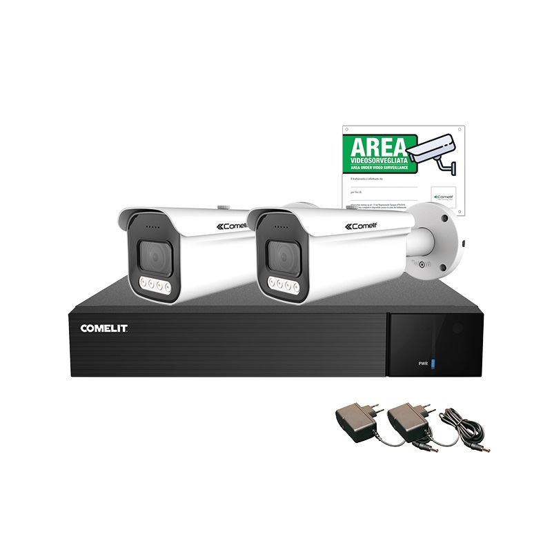 Serie Next - Kit AHD 5MP 8 canali, DVR AHDVR008N05A + 2 telecamere AHBCAMS05ZB + alimentatori + cartello videosorveglianza