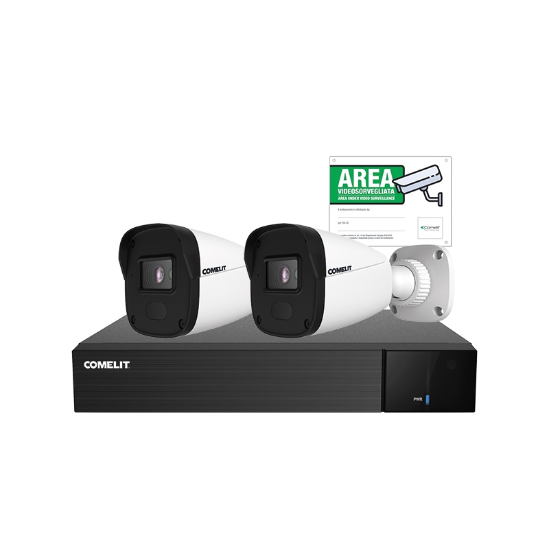Serie Next - Kit IP 5MP 4 canali, NVR IPNVR004N06PA + 2 telecamere IPBCAMN04F01A + cartello videosorveglianza