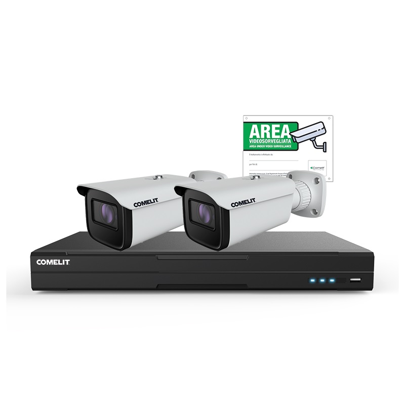 Serie Next - Kit IP 5MP 8 canali, NVR IPNVR008N06PA + 2 telecamere IPBCAMN04ZA + cartello videosorveglianza