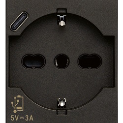 Presa 2P+T 16A universale con USB C 15W 3A alimentatore nero 2 moduli
