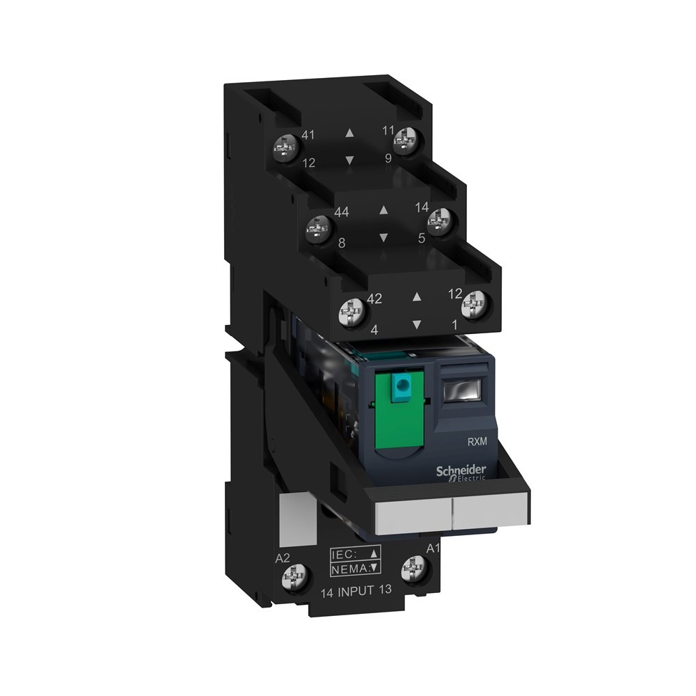 Relè RXM-pulsante test+LED pre-montato-base contatti separati-2NC/NO 12A 24Vcc