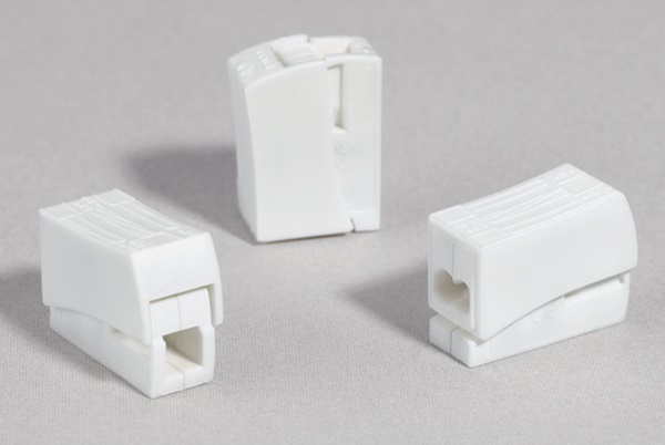 Morsetto illuminazione HECL-2/1 con blocco a molla per cavi 0,5-2,5 mm², impianti fino a 450V/24A, installazione rapida senza attrezzi, ideale per impianti illuminazione e dispositivi controllo tende e ventilatori