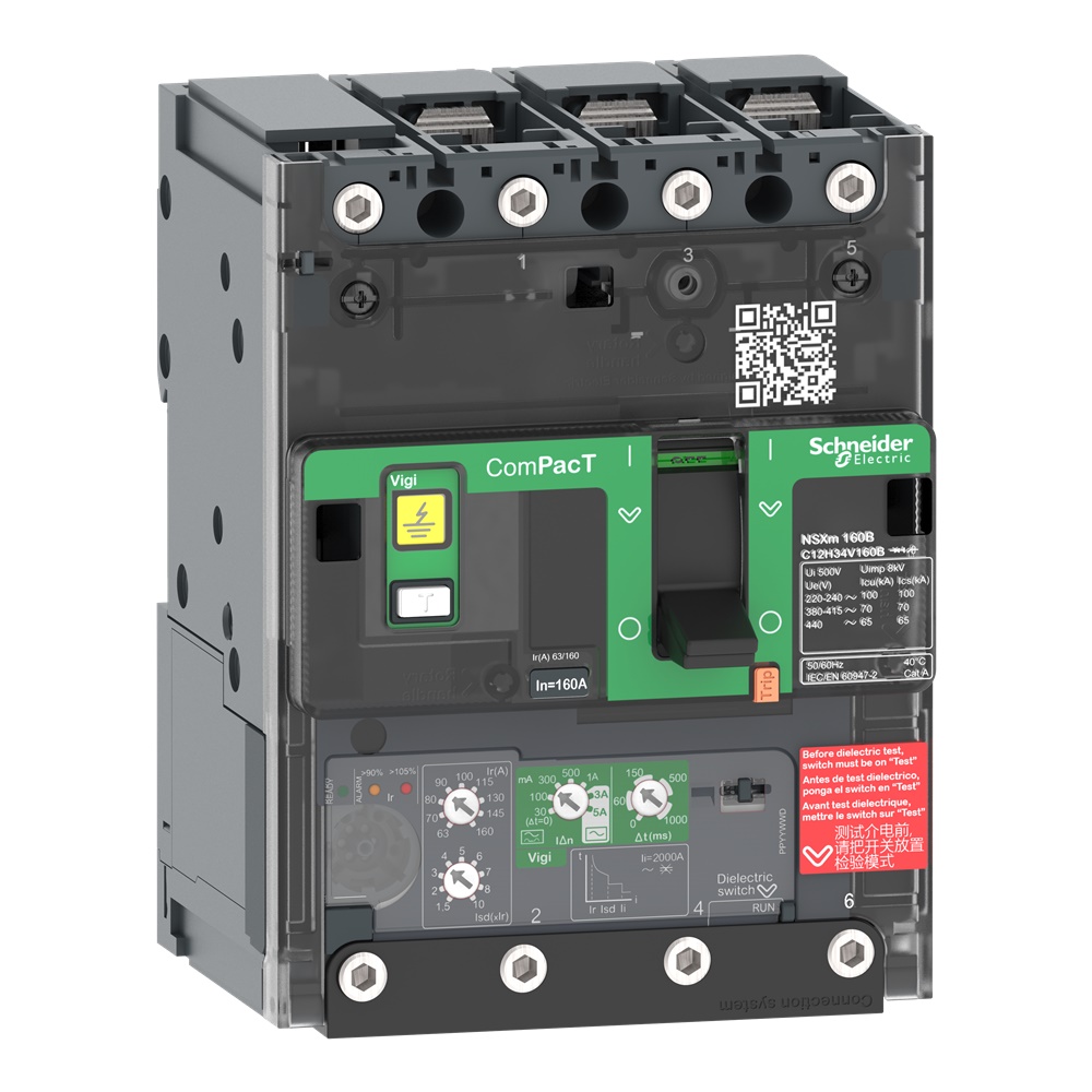Interruttore ComPacT NSXm100F 3 poli 36kA 415VAC 100A con sganciatore MicroLogic e busbar per applicazioni industriali e navali
