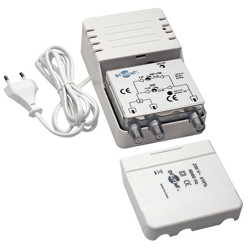 Amplificatore TV UHF/VHF per digitale terrestre, potenziamento segnale stabile, compatibile impianti domestici, alta affidabilità e durata