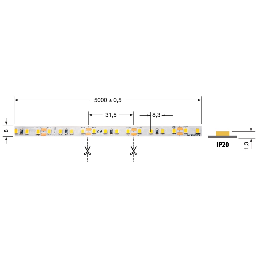Striscia LED 8W/m 12V IP20 flessibile per illuminazione interna efficiente