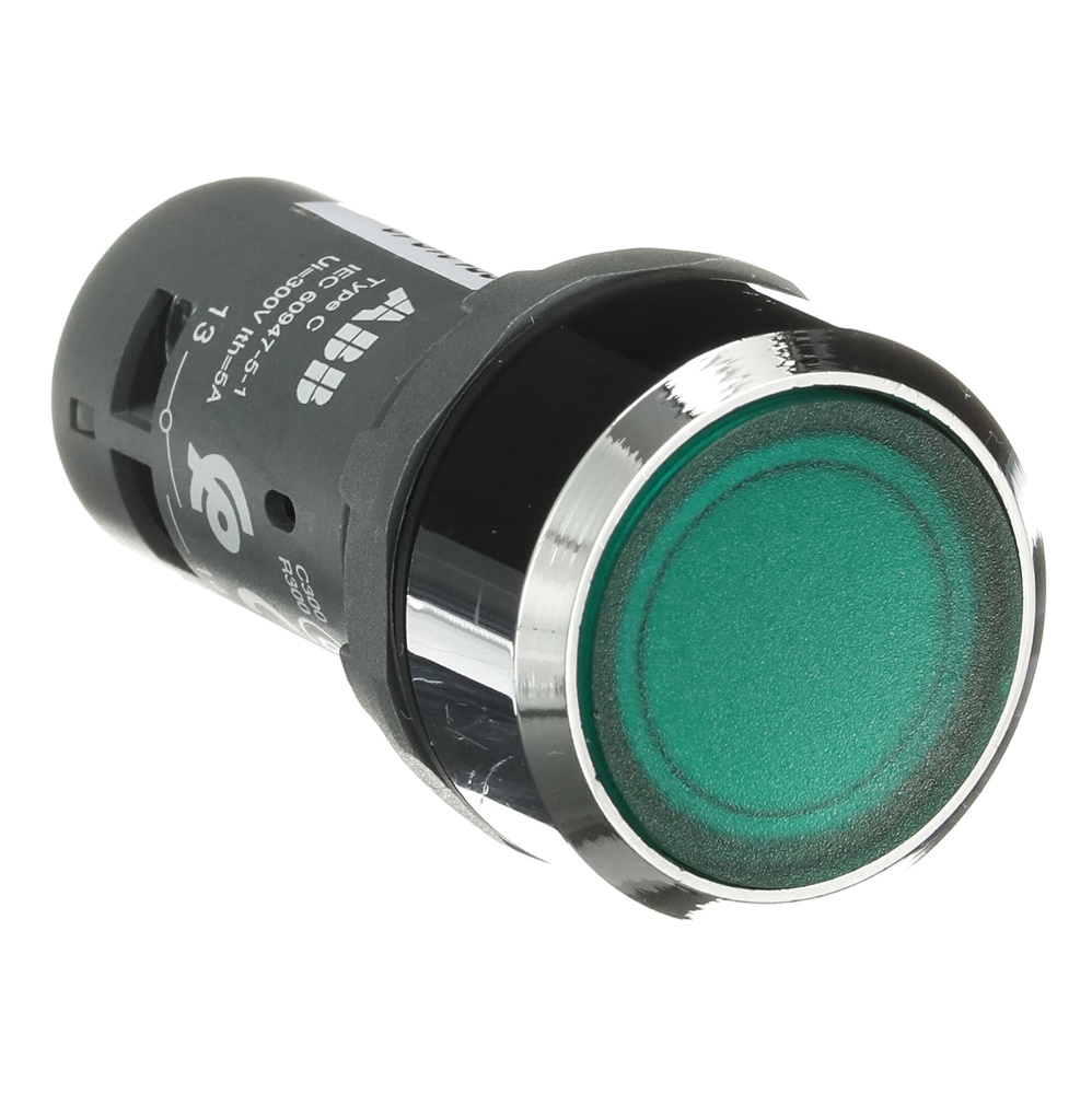 Pulsante compatto illuminato verde 1NO 24V per controllo impianti elettrici industriali e civili