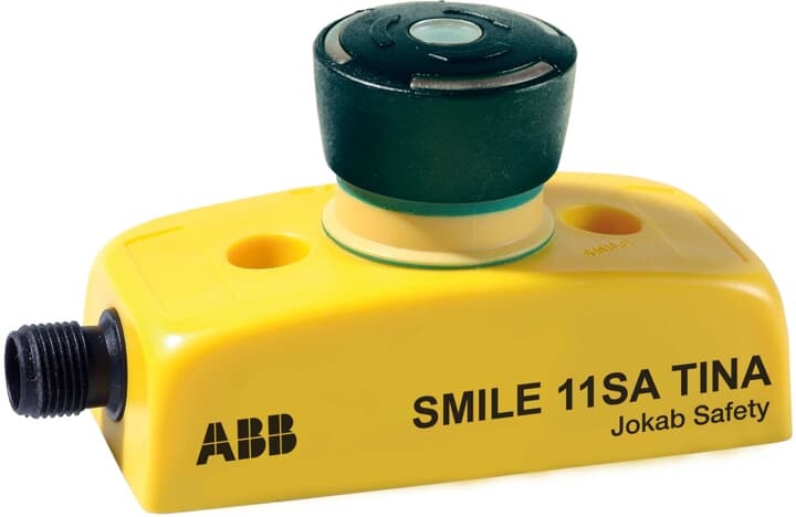 Pulsante emergenza sicurezza SMILE 11 SA TINA ABB con LED, custodia gialla alta visibilità, per automazione industriale