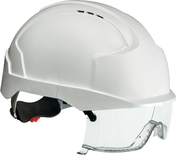 Casco elettricista bianco con occhiali integrati protezione testa e occhi lavoro tecnico