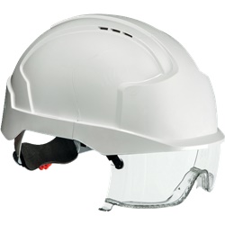 Casco elettricista bianco con occhiali integrati protezione testa e occhi lavoro tecnico