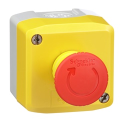Control station, Harmony, plastic, yellow, 1 red mushroom head push button 40mm, emergency stop turn to release 1NO + 2NC, unmarked, UL CSA certified