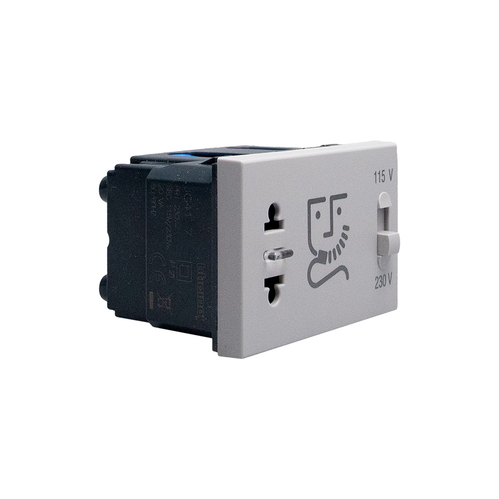 Presa rasoio 230V grigia con trasformatore isolamento 3 moduli uso bagno