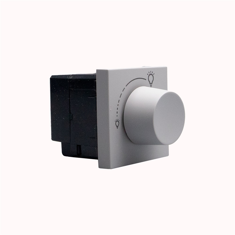 Dimmer universale rotativo 2 moduli grigio per lampade resistive, induttive, capacitive, fluorescenti compatte e LED dimmerabili 100-240 Vac senza neutro