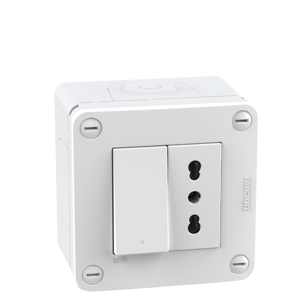 Scatola elettrica IP40 2 moduli con interruttore e presa standard Italia 10/16A bianco per installazioni civili e industriali