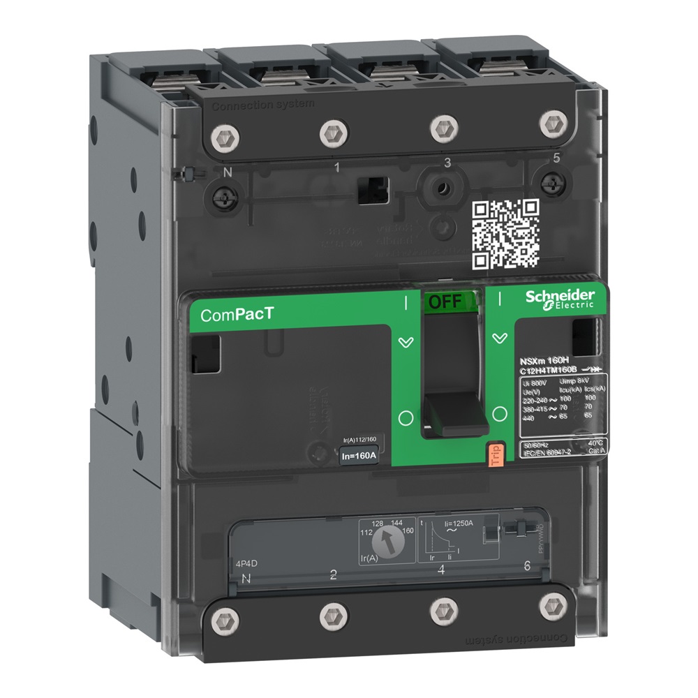 Interruttore, ComPacT NSXm 160E, 16kA/415VAC, 4 poli 3D (neutro non protetto), Sganciatore TMD 160A, busbar/connettori