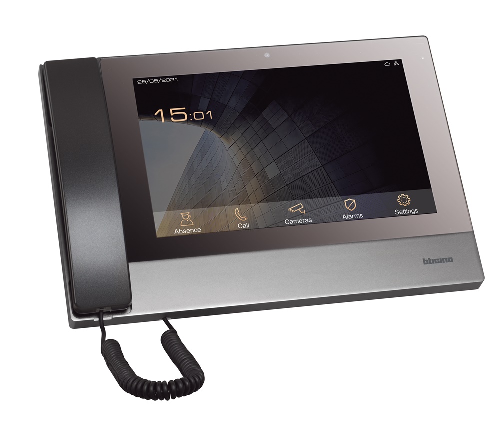 Centralino portineria IP touch 10” con cornetta audio, controllo accessi, gestione chiamate, apertura elettroserrature, monitoraggio telecamere Onvif, alimentazione PoE o alimentatore