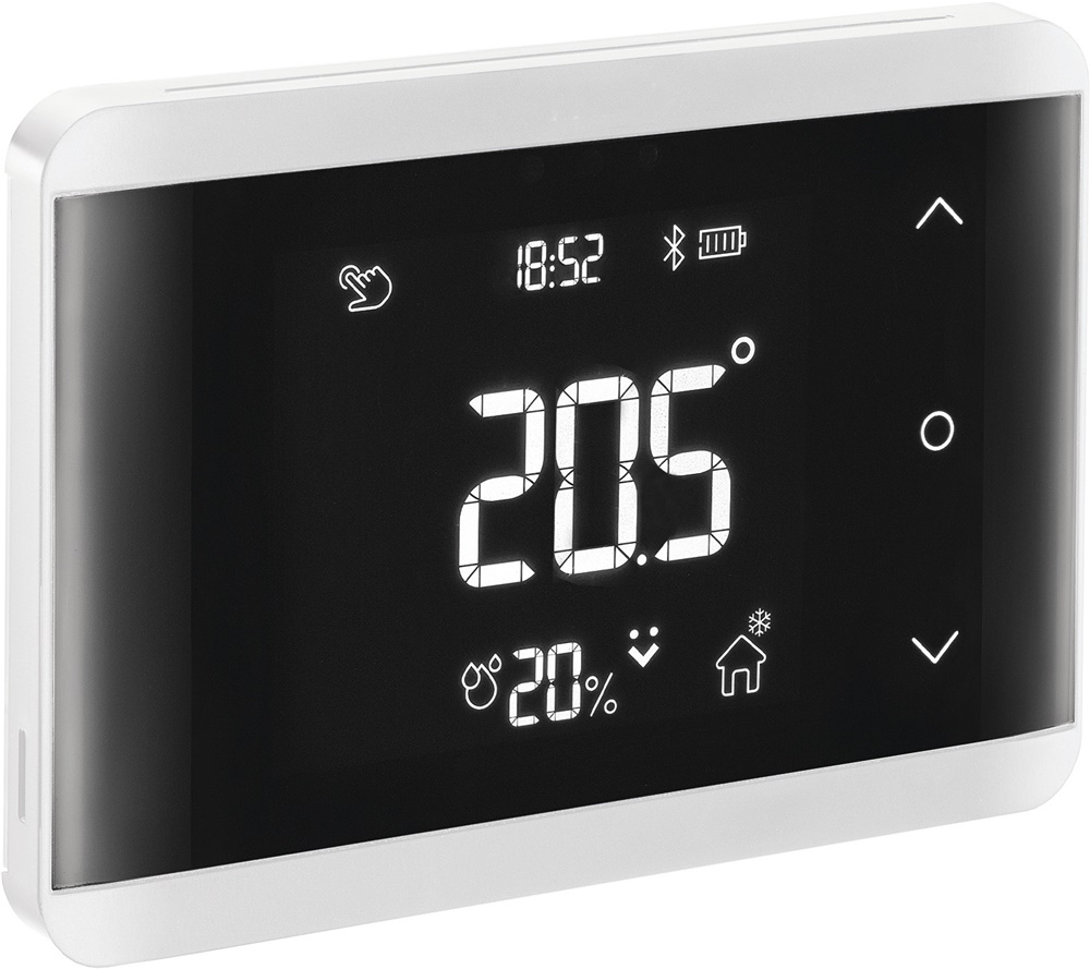 Cronotermostato Bluetooth da incasso bianco con tasti soft touch per controllo riscaldamento domestico