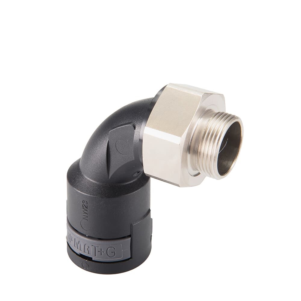 Raccordo girevole 90° PA6 ottone filettatura M20 IP68 per tubi corrugati NW17 nero