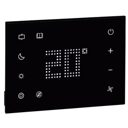 Pannello controllo bus digitale nero con display temperatura e 6 comandi touch per testata letto