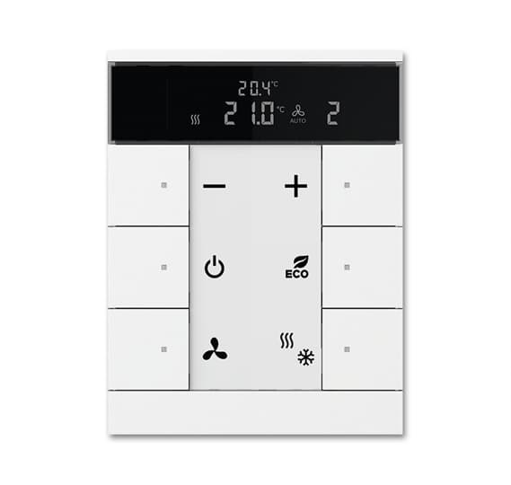 Termostato master digitale 6 pulsanti con display LCD integrato controllo temperatura HVAC residenziale commerciale bianco compatibile KNX EIB risparmio energetico